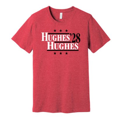 New Jersey Devils retro political campaign parody red t-shirt featuring Jack Hughes and Luke Hughes '28, designed in a vintage election style by Hyper Than Hype Shirts.