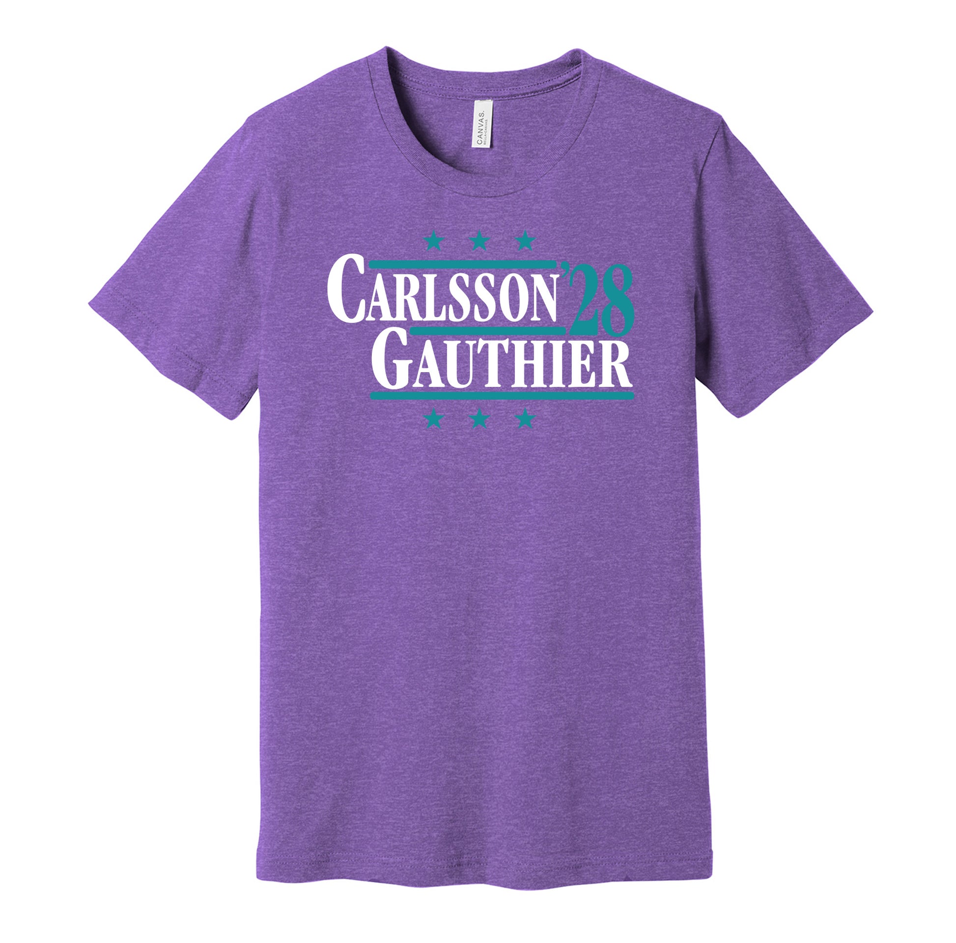 carlsson gauthier '28 for president 2028 anaheim ducks fan purple shirt gameday tee