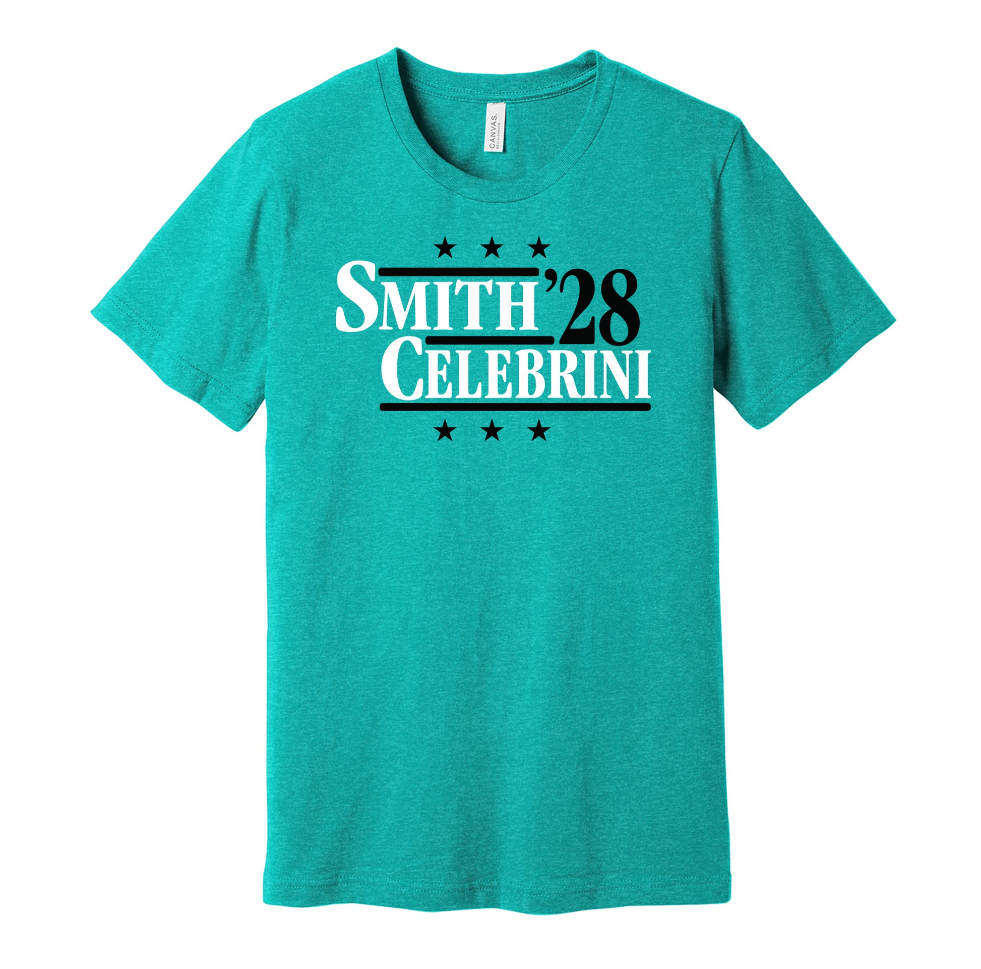 San Jose Sharks retro political campaign parody teal t-shirt featuring Will Smith and Macklin Celebrini '28, designed in a vintage election style by Hyper Than Hype Shirts.