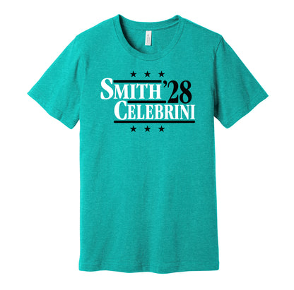 San Jose Sharks retro political campaign parody teal t-shirt featuring Will Smith and Macklin Celebrini '28, designed in a vintage election style by Hyper Than Hype Shirts.