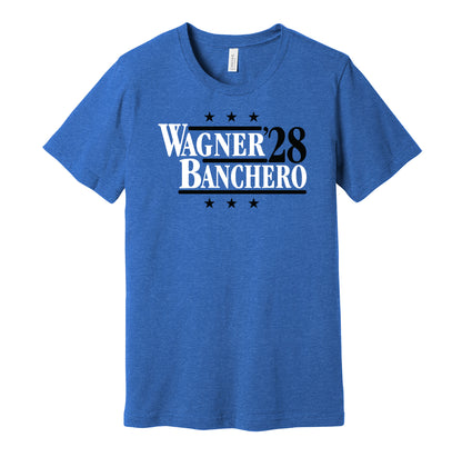 Orlando Magic retro political campaign parody blue t-shirt featuring Franz Wagner and Paolo Banchero '28, designed in a vintage election style by Hyper Than Hype Shirts.