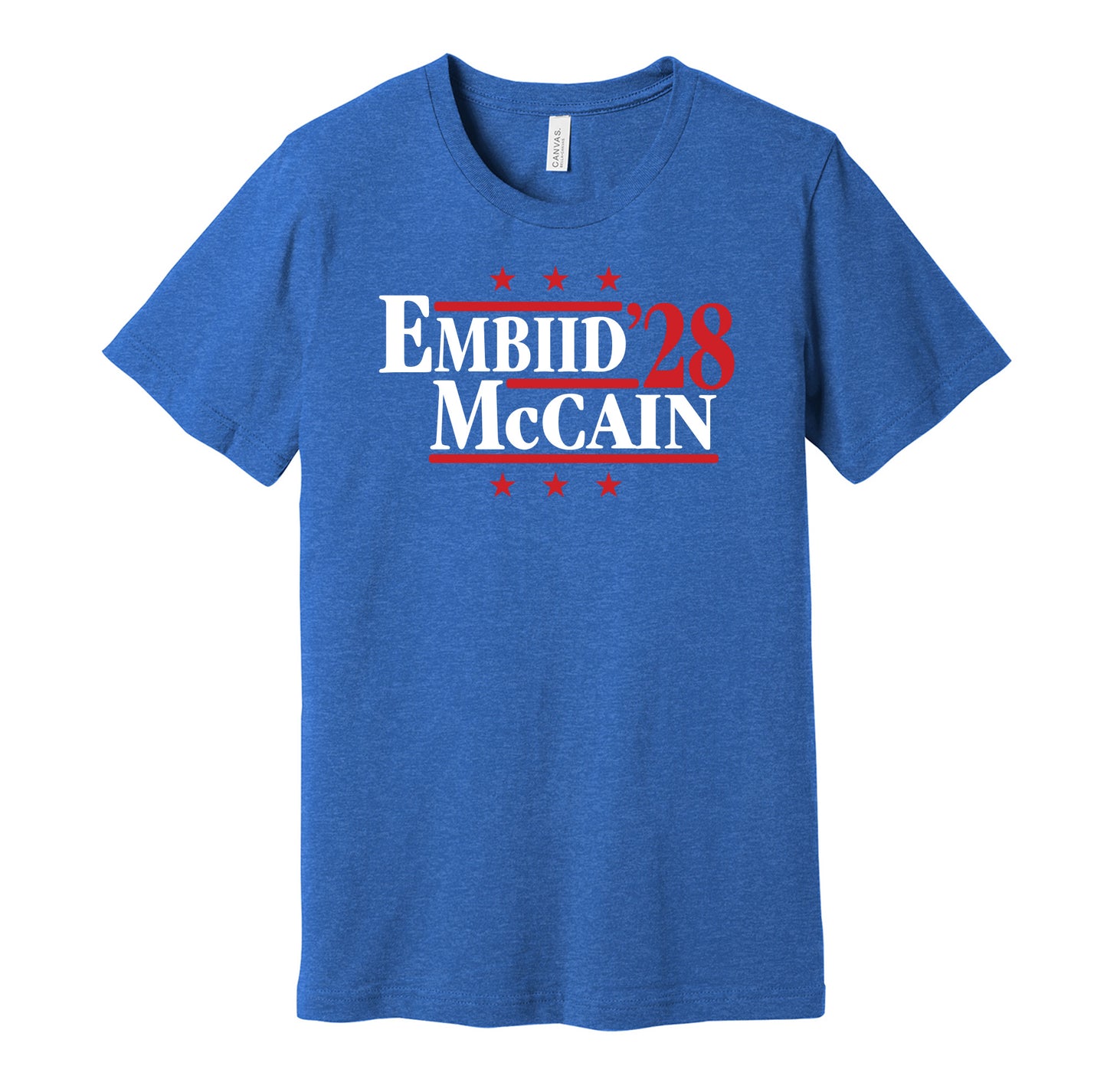 Philadelphia 76ers retro political campaign parody blue t-shirt featuring Joel Embiid and Jared McCain '24, designed in a vintage election style by Hyper Than Hype Shirts.