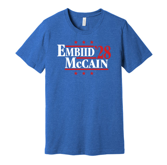 embiid mccain '28 for president 2028 philadelphia 76ers sixers fan election parody blue shirt