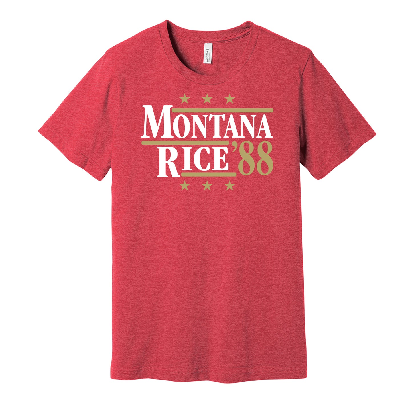 San Francisco 49ers retro political campaign parody red t-shirt featuring Joe Montana and Jerry Rice '88, designed in a vintage election style by Hyper Than Hype Shirts.