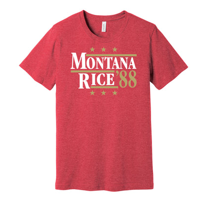 San Francisco 49ers retro political campaign parody red t-shirt featuring Joe Montana and Jerry Rice '88, designed in a vintage election style by Hyper Than Hype Shirts.