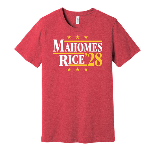 Kansas City Chiefs retro political campaign parody red t-shirt featuring Patrick Mahomes and Rashee Rice '28, designed in a vintage election style by Hyper Than Hype Shirts.
