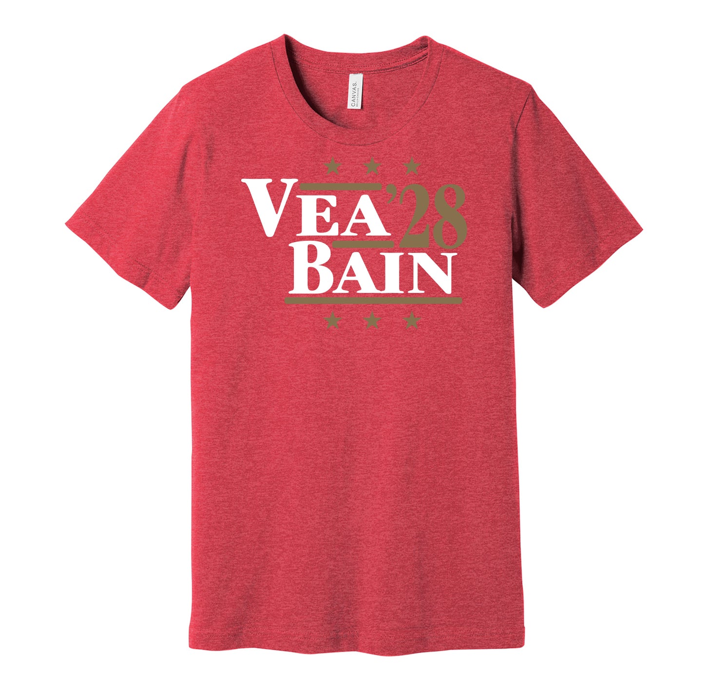 Tampa Bay Buccaneers retro political campaign parody red t-shirt featuring Vita Vea and Rueben Bain Jr. '28, designed in a vintage election style by Hyper Than Hype Shirts.