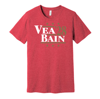 Tampa Bay Buccaneers retro political campaign parody red t-shirt featuring Vita Vea and Rueben Bain Jr. '28, designed in a vintage election style by Hyper Than Hype Shirts.