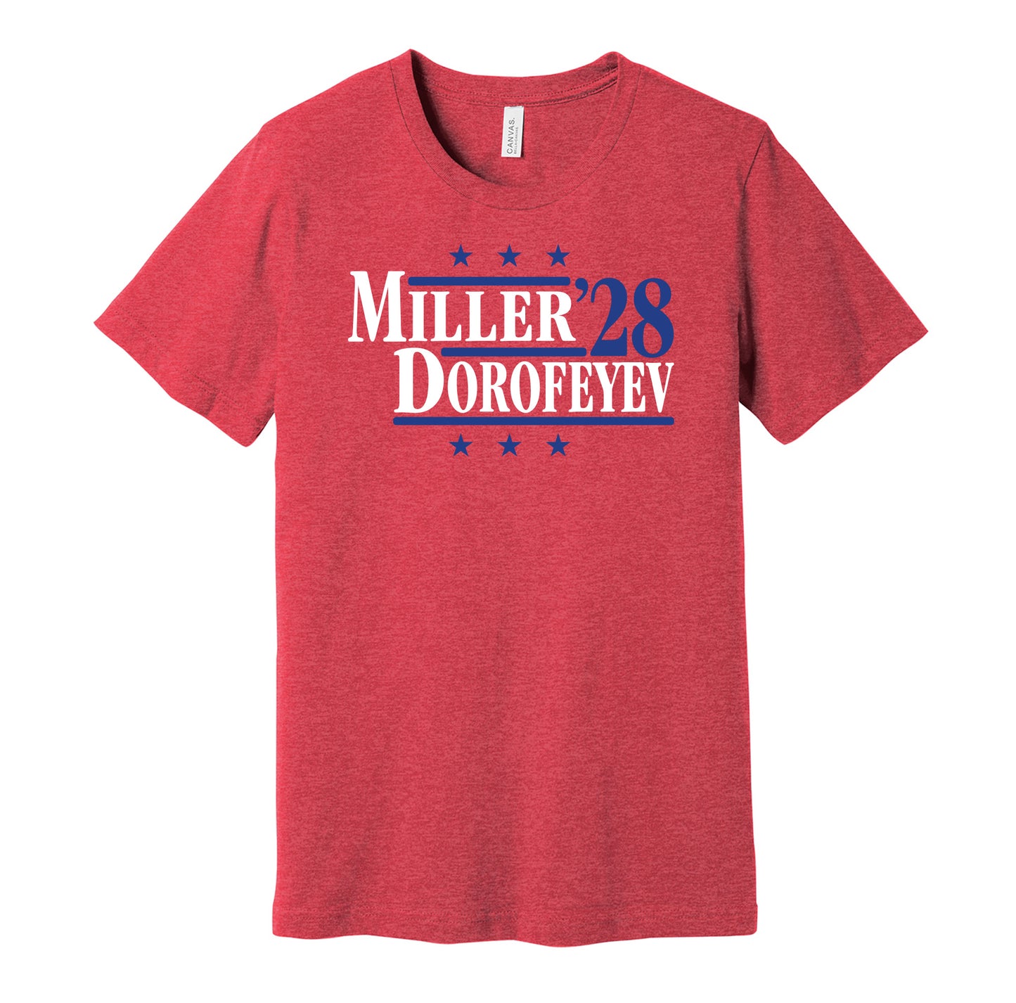 New York Rangers retro political campaign parody red t-shirt featuring J.T. Miller and Pavel Dorofeyev '28