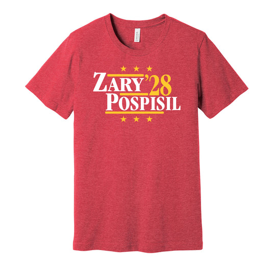 Calgary Flames retro political campaign parody red t-shirt featuring Connor Zary and Martin Pospisil '28, designed in a vintage election style by Hyper Than Hype Shirts.
