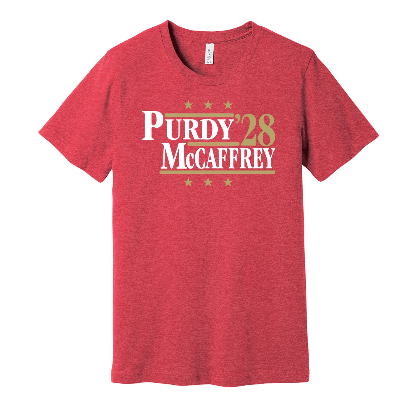 San Francisco 49ers retro political campaign parody red t-shirt featuring Brock Purdy and Christian McCaffrey '28, designed in a vintage election style by Hyper Than Hype Shirts.
