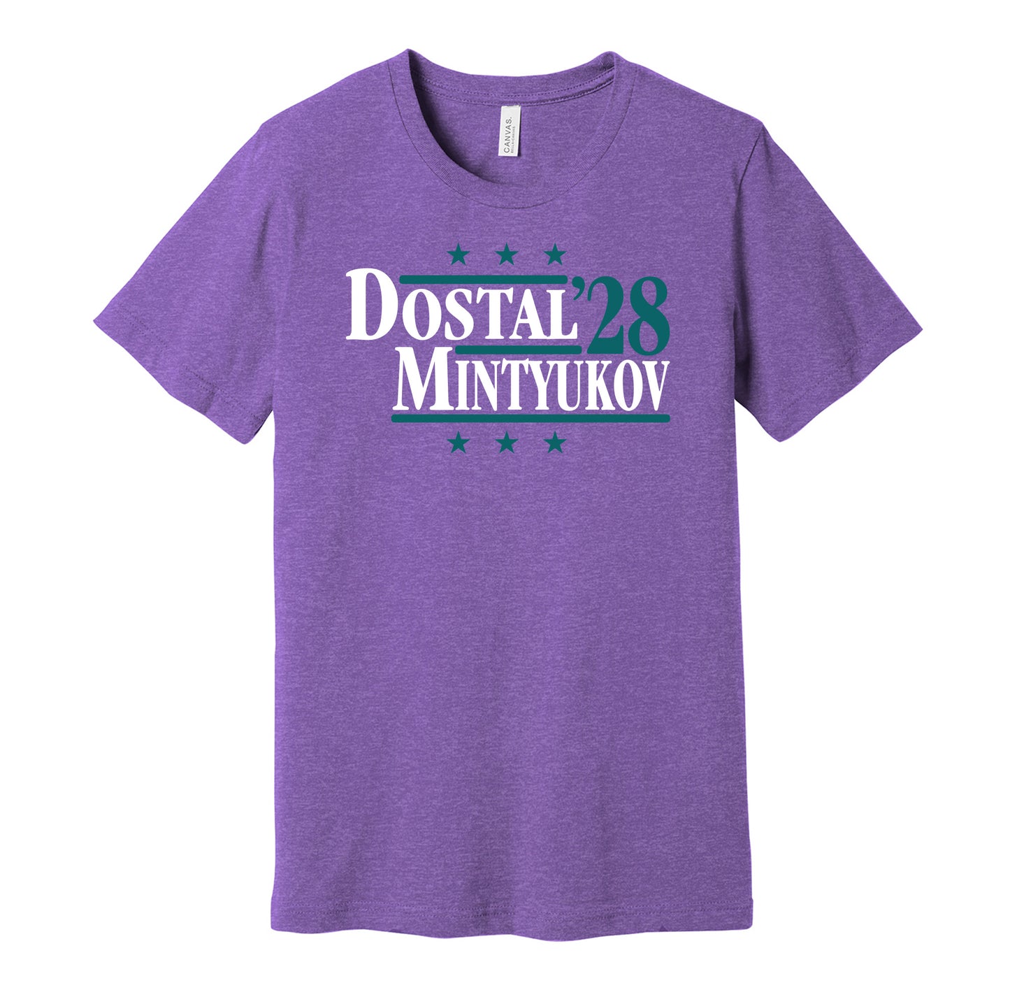 Anaheim Ducks retro political campaign parody purple t-shirt featuring Lukas Dostal and Pavel Mintyukov '28, designed in a vintage election style by Hyper Than Hype Shirts.