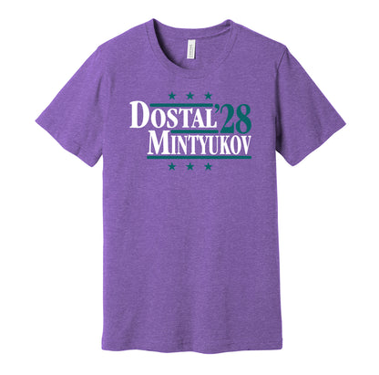 Anaheim Ducks retro political campaign parody purple t-shirt featuring Lukas Dostal and Pavel Mintyukov '28, designed in a vintage election style by Hyper Than Hype Shirts.