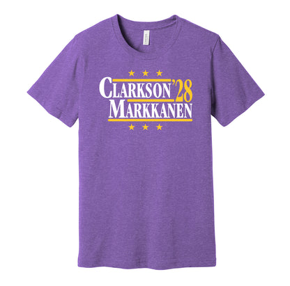 Utah Jazz retro political campaign parody purple t-shirt featuring Jordan Clarkson and Lauri Markkanen '28, designed in a vintage election style by Hyper Than Hype Shirts.