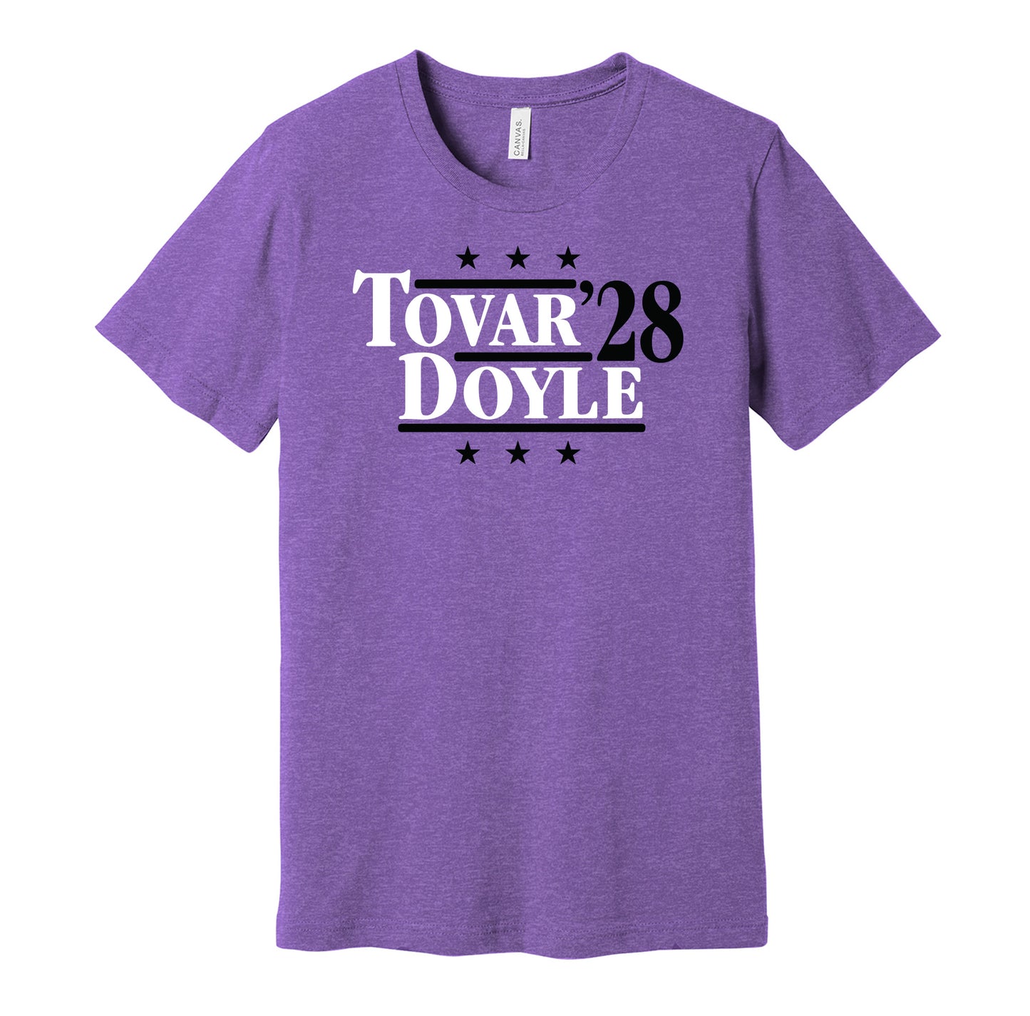 Colorado Rockies retro political campaign parody purple t-shirt featuring Ezequiel Tovar and Brenton Doyle '28, designed in a vintage election style by Hyper Than Hype Shirts.