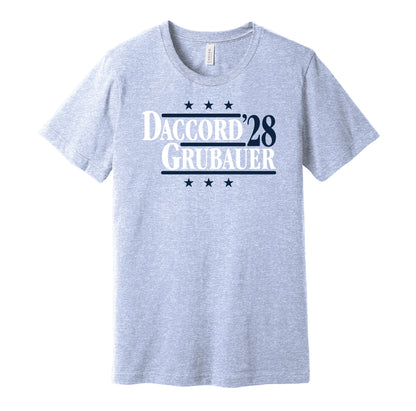 Seattle Kraken retro political campaign parody blue t-shirt featuring Joey Daccord and Philipp Grubauer '28, designed in a vintage election style by Hyper Than Hype Shirts.