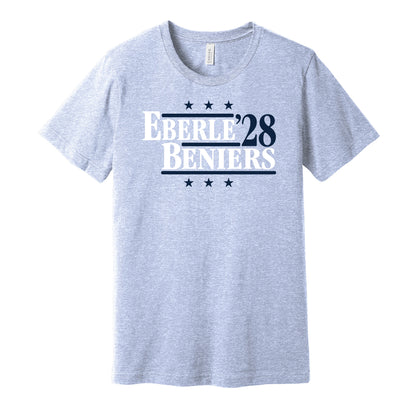 Seattle Kraken retro political campaign parody deep sea blue t-shirt featuring Jordan Eberle and Matty Beniers '28, designed in a vintage election style by Hyper Than Hype Shirts.