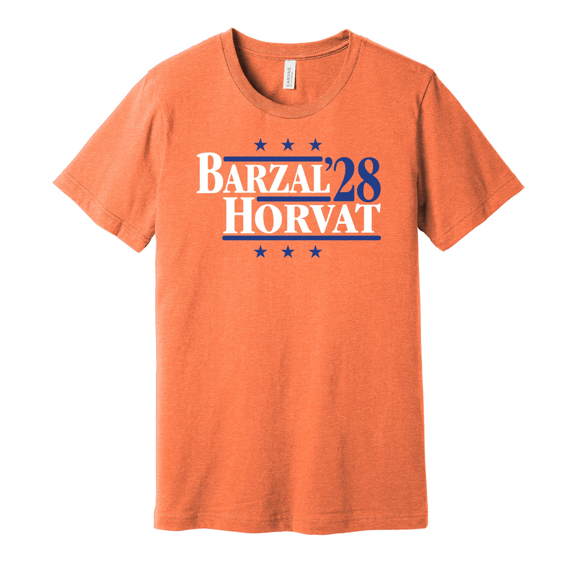 New York Islanders retro political campaign parody orange t-shirt featuring Mathew Barzal and Bo Horvat '28 design