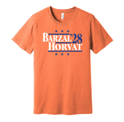 New York Islanders retro political campaign parody orange t-shirt featuring Mathew Barzal and Bo Horvat '28 design