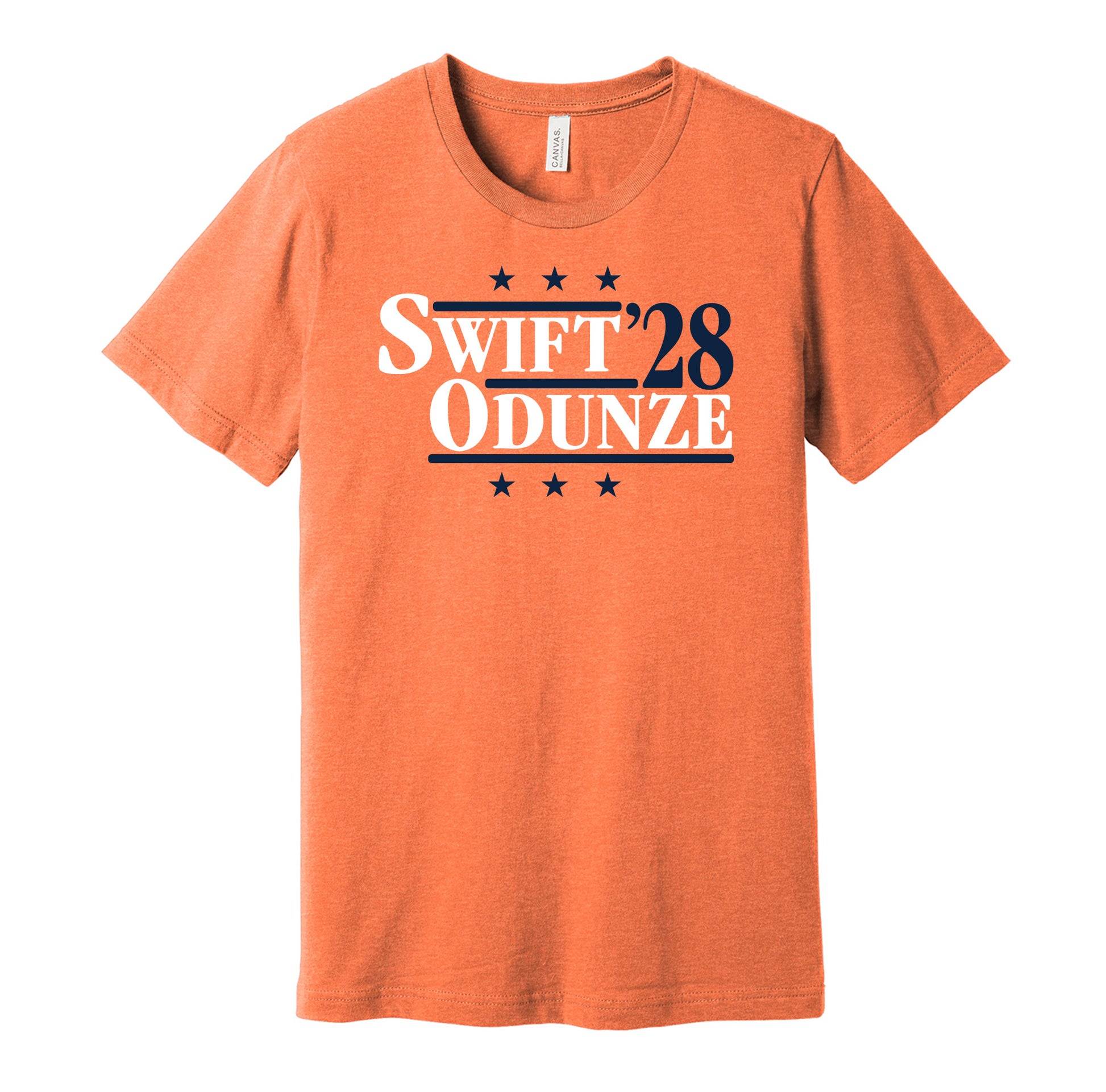 Chicago Bears retro political campaign parody orange t-shirt featuring D'Andre Swift and Rome Odunze '28, designed in a vintage election style by Hyper Than Hype Shirts.
