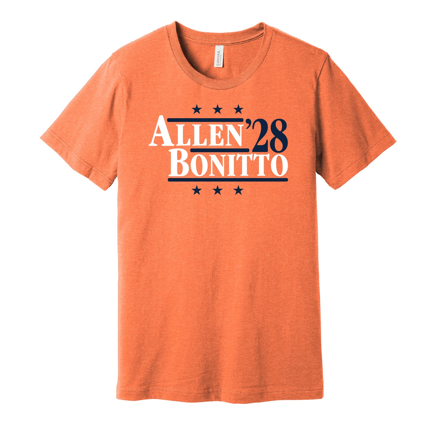Denver Broncos retro political campaign parody orange t-shirt featuring Zach Allen and Nik Bonitto '28, designed in a vintage election style by Hyper Than Hype Shirts.