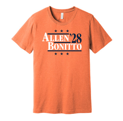 Denver Broncos retro political campaign parody orange t-shirt featuring Zach Allen and Nik Bonitto '28, designed in a vintage election style by Hyper Than Hype Shirts.
