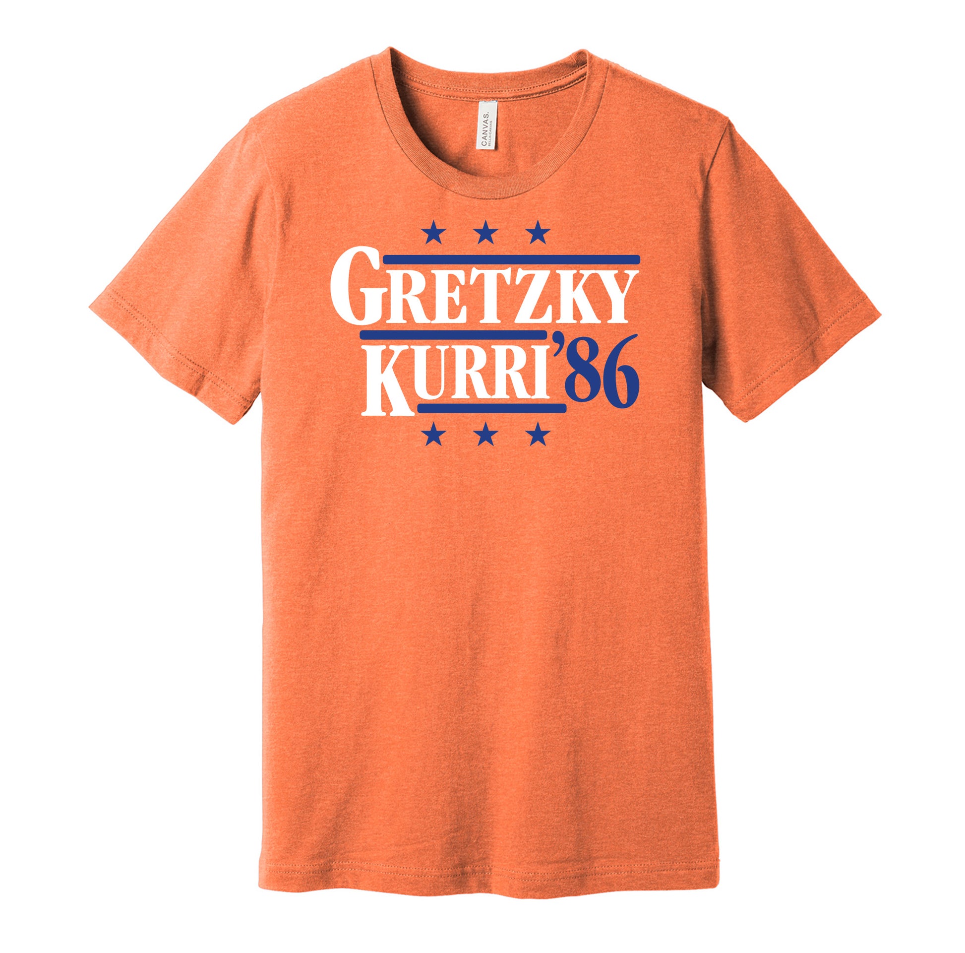 Edmonton Oilers retro political campaign parody orange t-shirt featuring Wayne Gretzky and Jari Kurri '86, designed in a vintage election style by Hyper Than Hype Shirts.