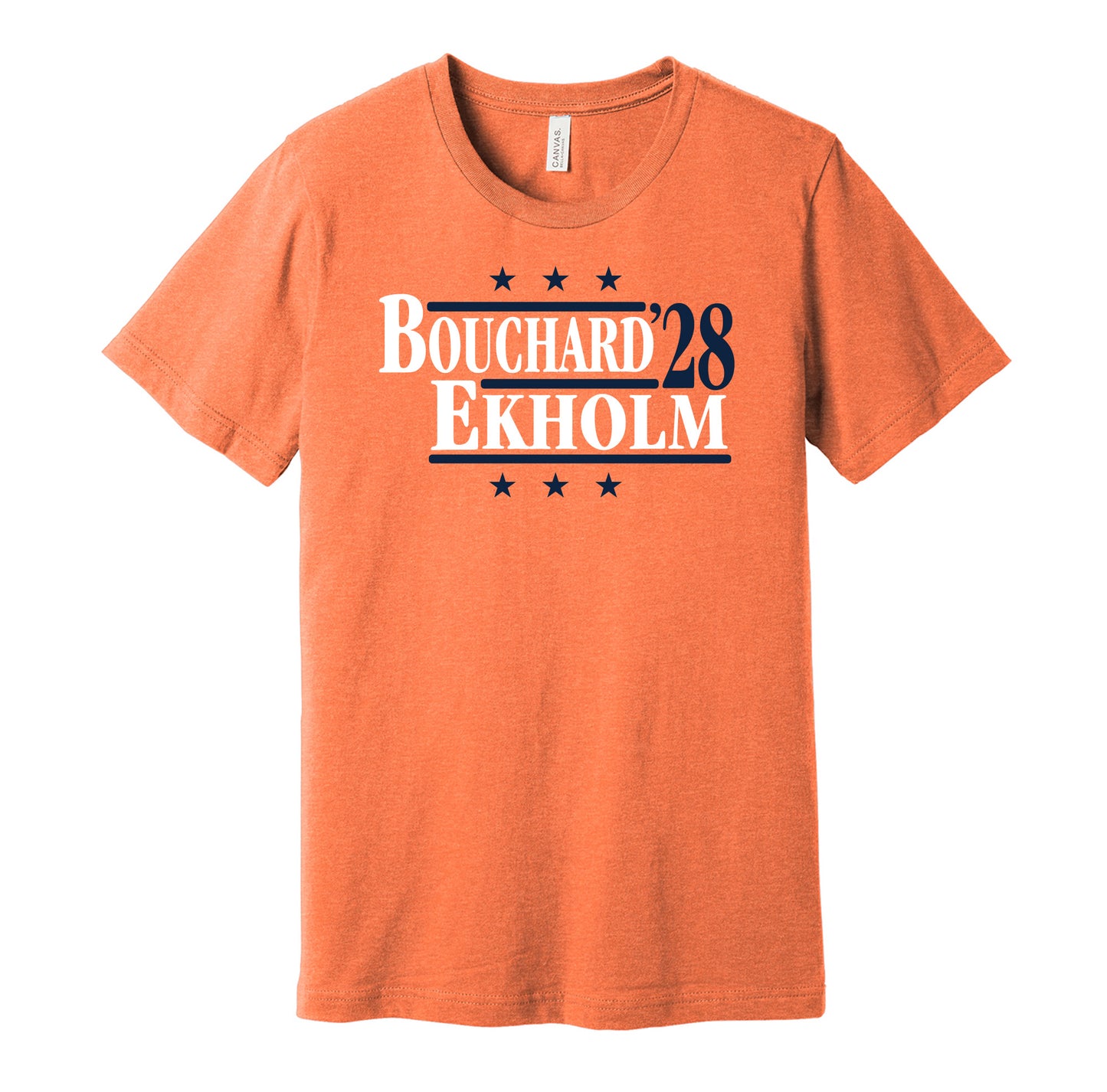 Edmonton Oilers retro political campaign parody orange t-shirt featuring Evan Bouchard and Mattias Ekholm '28, designed in a vintage election style by Hyper Than Hype Shirts.