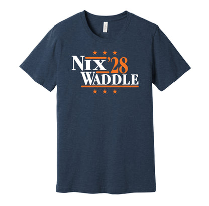 Denver Broncos retro political campaign parody navy t-shirt featuring Bo Nix and Jaylen Waddle '28, designed in a vintage election style by Hyper Than Hype Shirts.