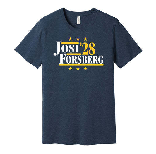 Nashville Predators retro political campaign parody navy t-shirt featuring Roman Josi and Filip Forsberg '28, designed in a vintage election style by Hyper Than Hype Shirts.