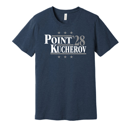 Tampa Bay Lightning retro political campaign parody navy t-shirt featuring Brayden Point and Nikita Kucherov '28, designed in a vintage election style by Hyper Than Hype Shirts.