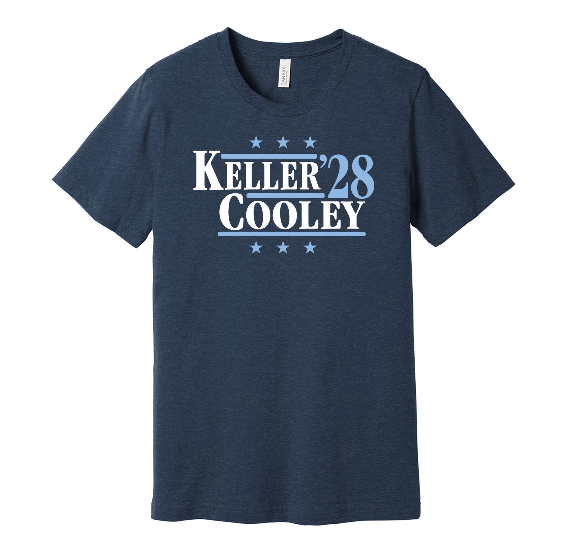 Utah Mammoth retro political campaign parody navy t-shirt featuring Logan Cooley and Clayton Keller '28, designed in a vintage election style by Hyper Than Hype Shirts.