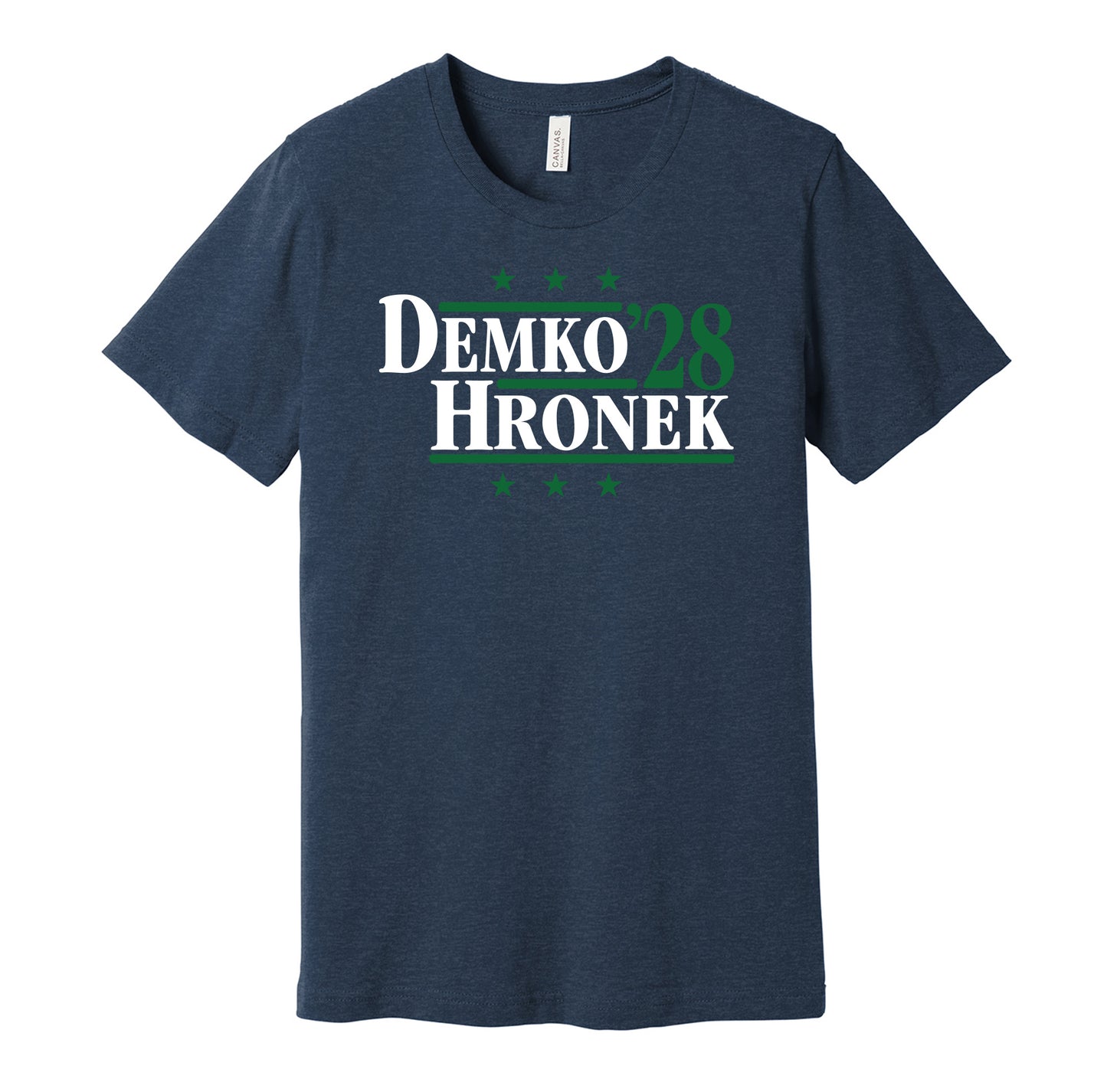 Vancouver Canucks retro political campaign parody blue t-shirt featuring Thatcher Demko and Filip Hronek '28, designed in a vintage election style by Hyper Than Hype Shirts.