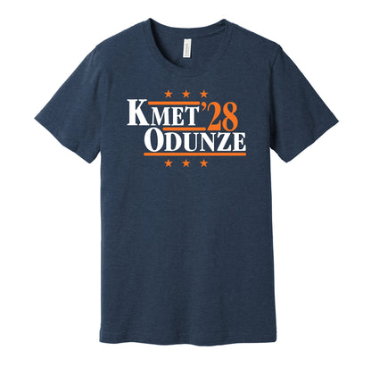 Chicago Bears retro political campaign parody navy t-shirt featuring Cole Kmet and Rome Odunze '28, designed in a vintage election style by Hyper Than Hype Shirts.