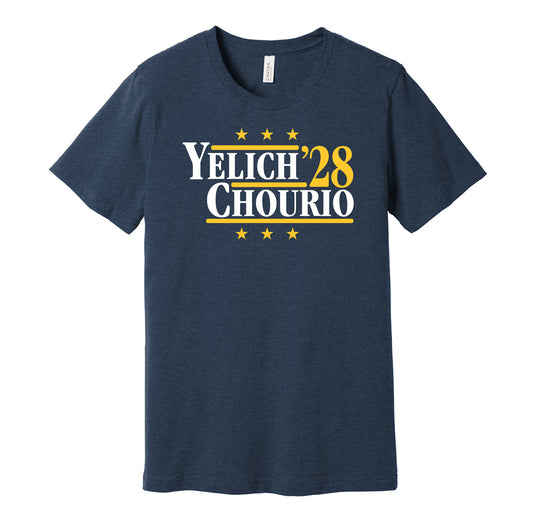 Milwaukee Brewers retro political campaign parody navy t-shirt featuring Christian Yelich and Jackson Chourio '28, designed in a vintage election style by Hyper Than Hype Shirts.