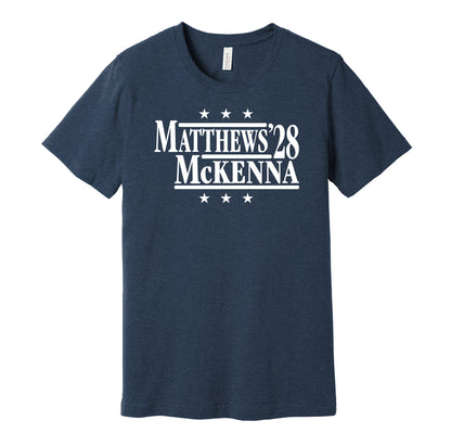 Toronto Maple Leafs retro political campaign parody navy t-shirt featuring Auston Matthews and Gavin McKenna '28, designed in a vintage election style by Hyper Than Hype Shirts.