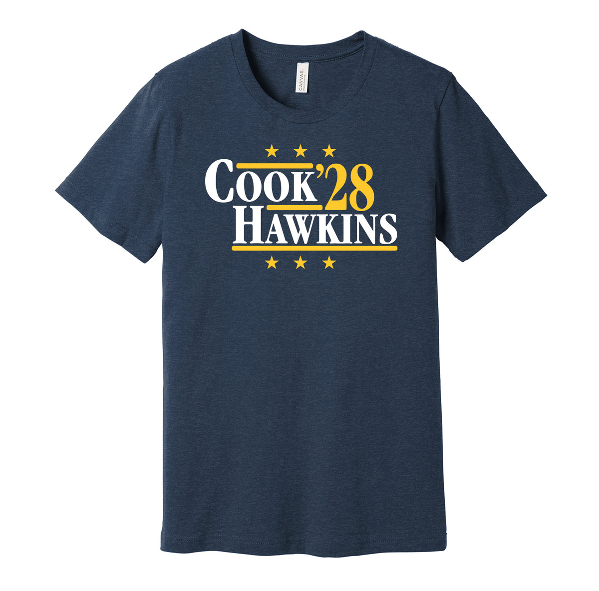West Virginia Mountaineers retro political campaign parody blue t-shirt featuring Cam Cook and Michael Hawkins Jr. '28, designed in a vintage election style by Hyper Than Hype Shirts.