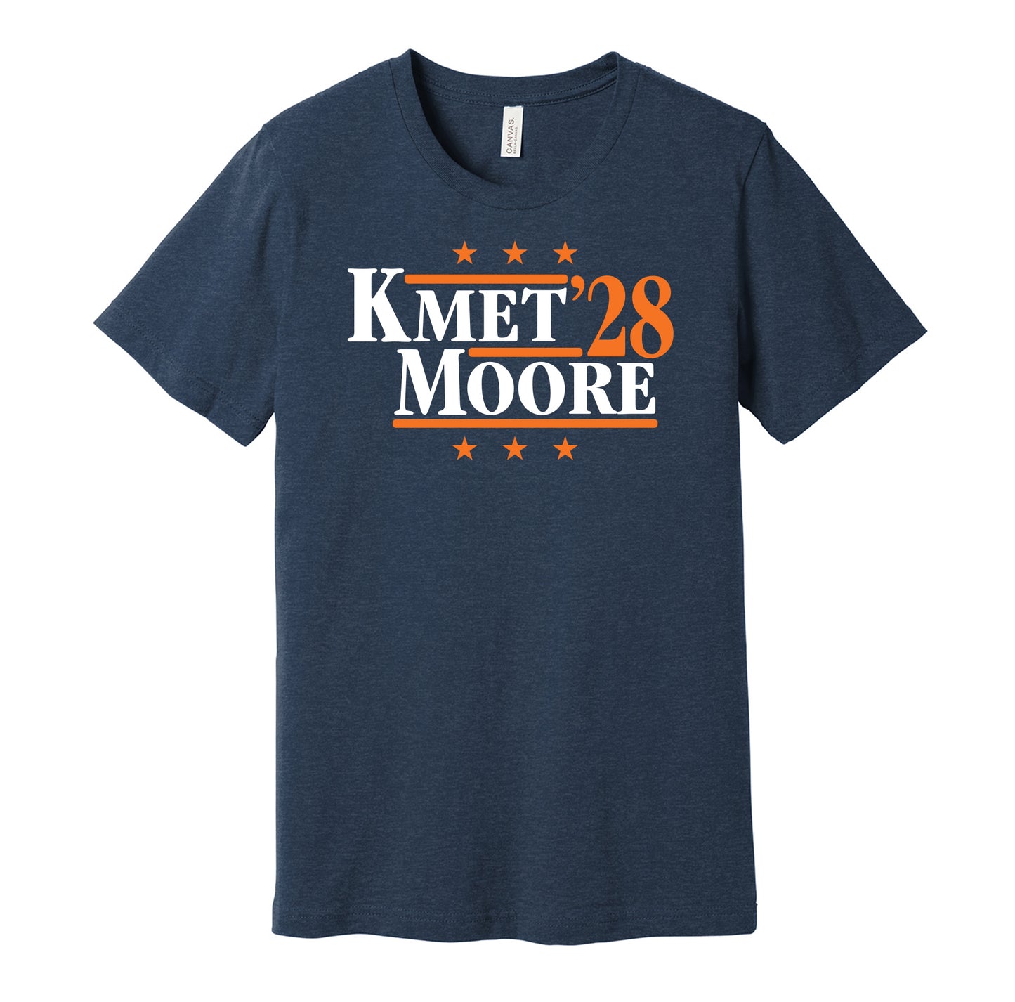 Chicago Bears retro political campaign parody navy t-shirt featuring Cole Kmet and DJ Moore '28, designed in a vintage election style by Hyper Than Hype Shirts.