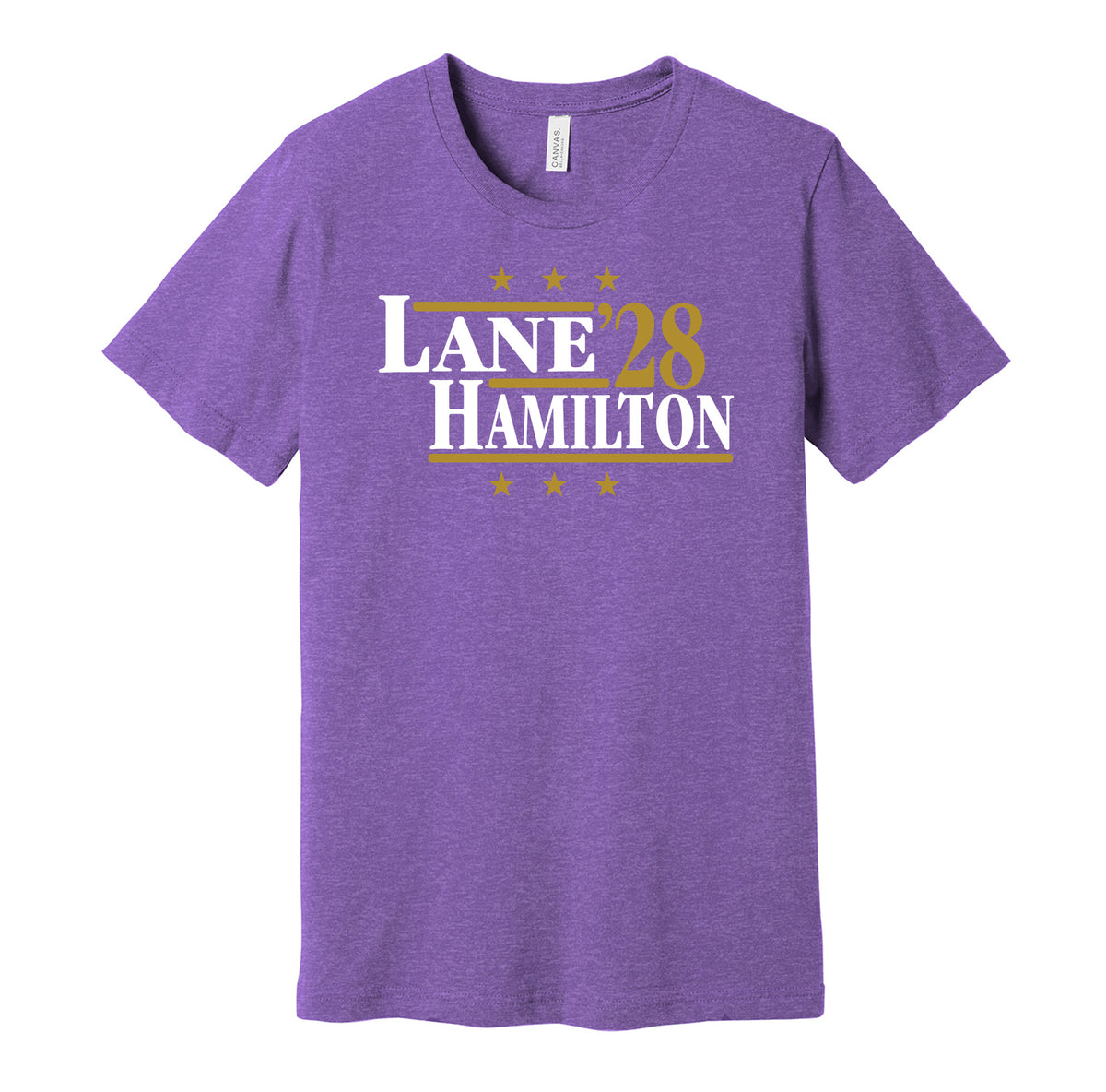 Baltimore Ravens retro political campaign parody purple t-shirt featuring Ja'Kobi Lane and Kyle Hamilton '28, designed in a vintage election style by Hyper Than Hype Shirts.