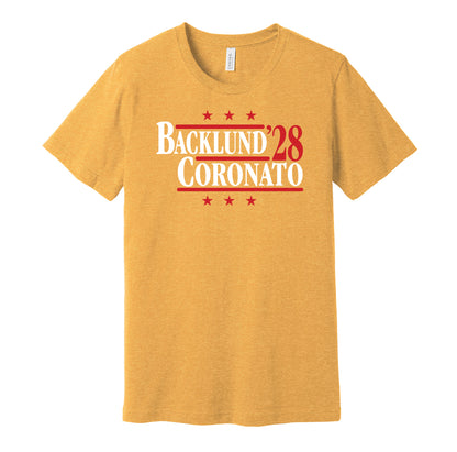 Calgary Flames retro political campaign parody gold t-shirt featuring Mikael Backlund and Matt Coronato '28, designed in a vintage election style by Hyper Than Hype Shirts.
