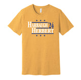 coach jim harbaugh justin herber for president 2024 los angeles chargers retro throwback gold shirt