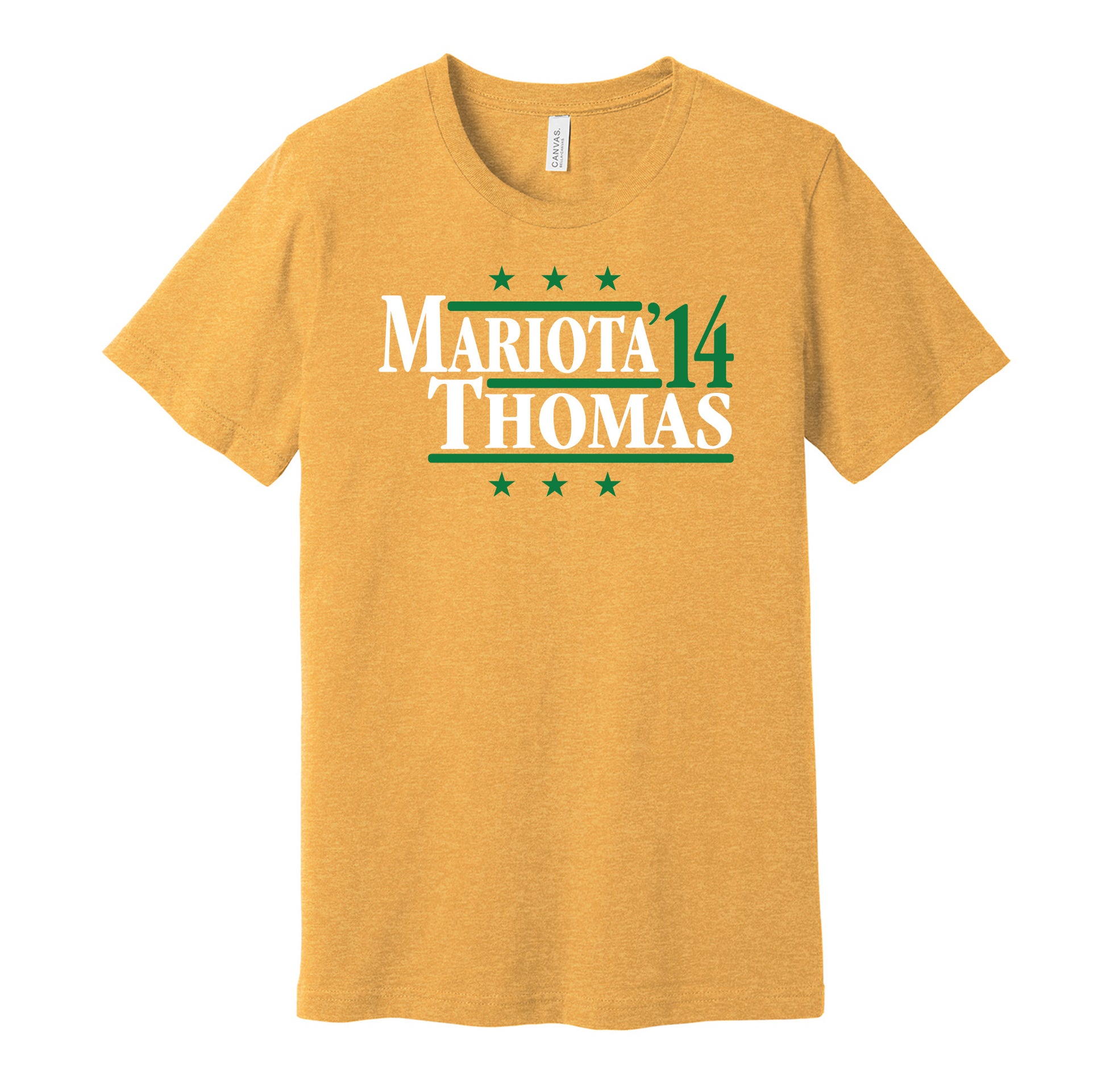 Oregon Ducks retro political campaign parody gold t-shirt featuring Marcus Mariota and De'Anthony Thomas '14, designed in a vintage election style by Hyper Than Hype Shirts.