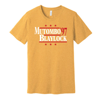 Atlanta Hawks retro political campaign parody gold t-shirt featuring Dikembe Mutombo and Mookie Blaylock '97, designed in a vintage election style by Hyper Than Hype Shirts.