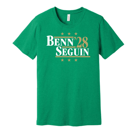 Dallas Stars retro political campaign parody green t-shirt featuring Jamie Benn and Tyler Seguin '28, designed in a vintage election style by Hyper Than Hype Shirts.