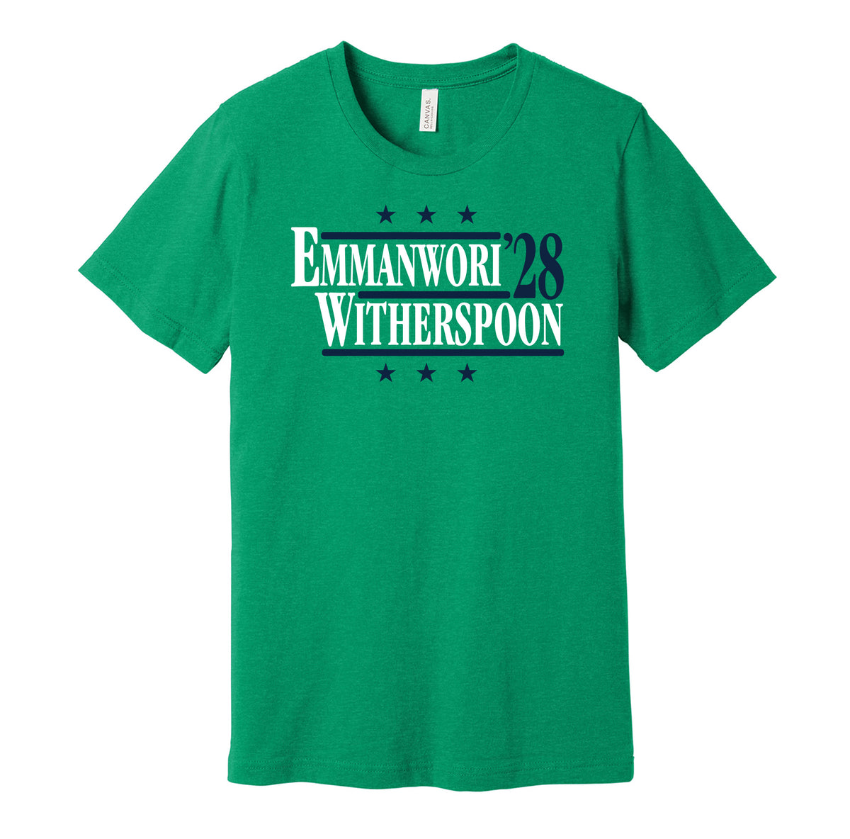 Seattle Seahawks retro political campaign parody green t-shirt featuring Nick Emmanwori and Devon Witherspoon '28, designed in a vintage election style by Hyper Than Hype Shirts.