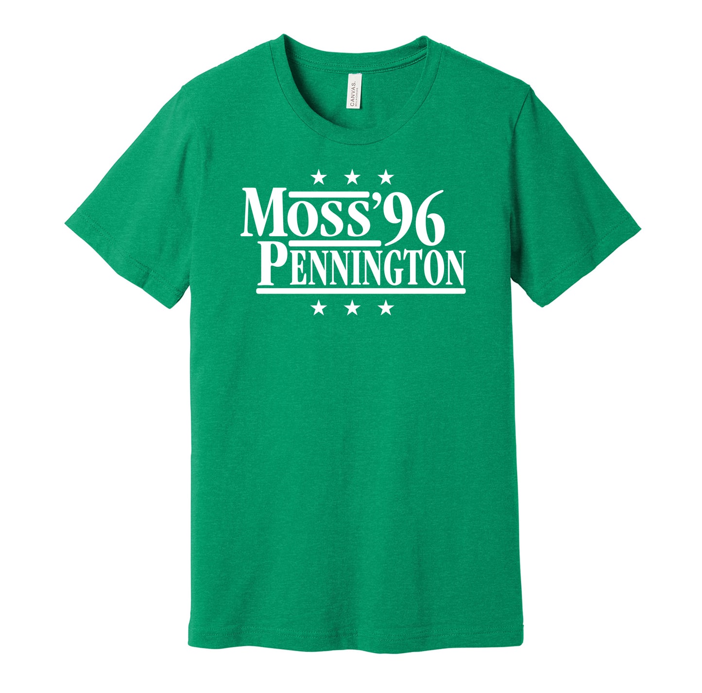 Marshall Thundering Herd retro political campaign parody green t-shirt featuring Randy Moss and Chad Pennington '96, designed in a vintage election style by Hyper Than Hype Shirts.