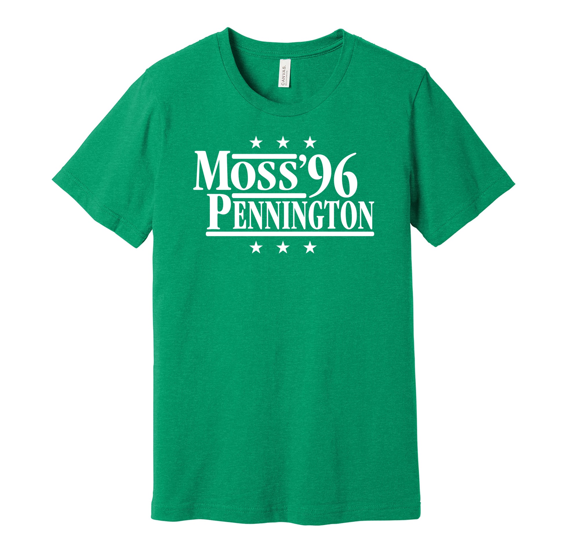 Marshall Thundering Herd retro political campaign parody green t-shirt featuring Randy Moss and Chad Pennington '96, designed in a vintage election style by Hyper Than Hype Shirts.