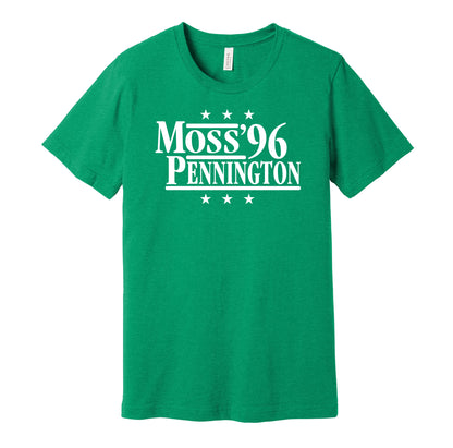 Marshall Thundering Herd retro political campaign parody green t-shirt featuring Randy Moss and Chad Pennington '96, designed in a vintage election style by Hyper Than Hype Shirts.