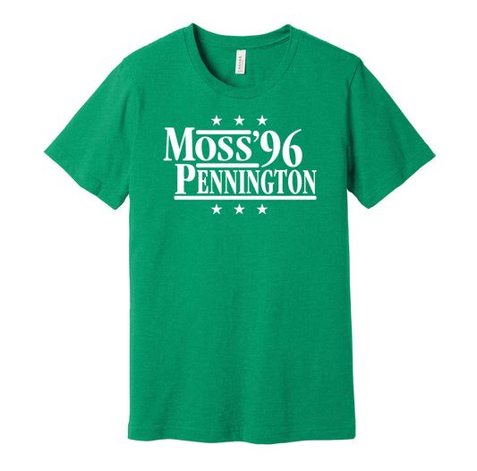 Marshall Thundering Herd retro political campaign parody green t-shirt featuring Randy Moss and Chad Pennington '96, designed in a vintage election style by Hyper Than Hype Shirts.