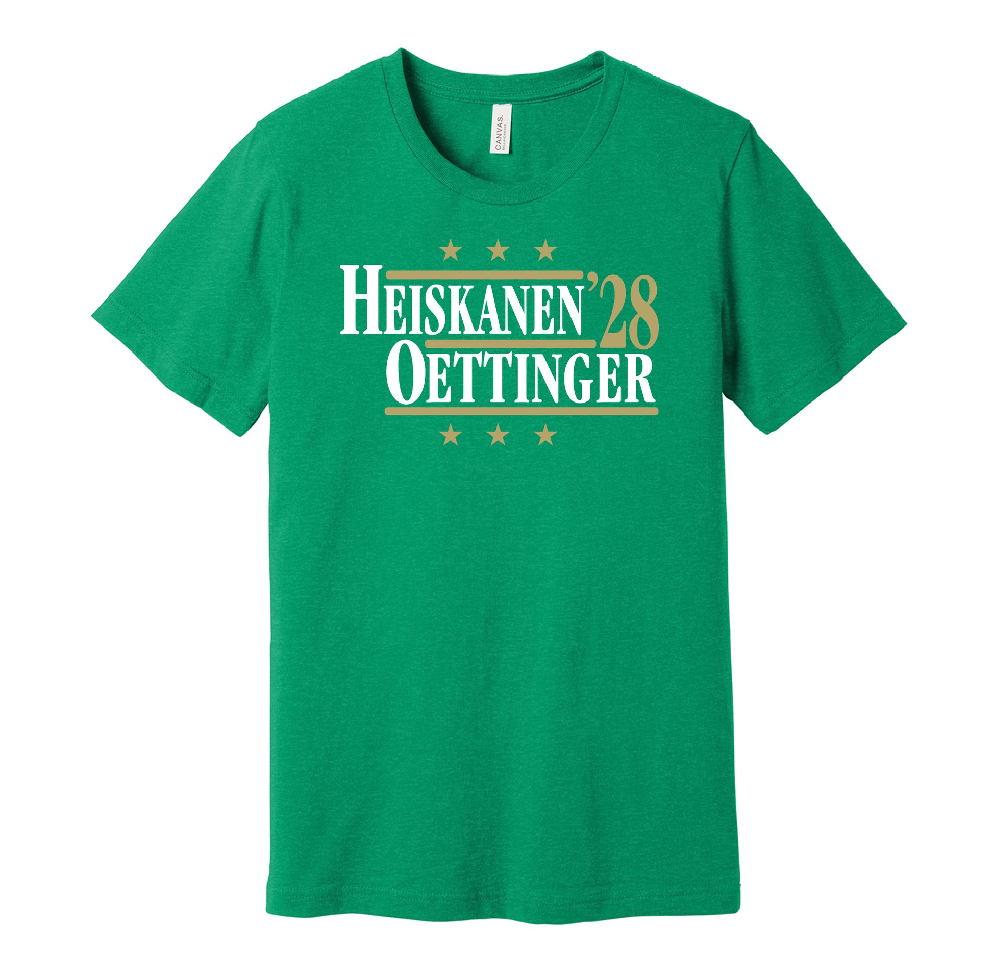 Dallas Stars retro political campaign parody green t-shirt featuring Miro Heiskanen and Jake Oettinger '28, designed in a vintage election style by Hyper Than Hype Shirts.